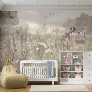 Papier peint forêt, papier peint forêt pour enfants, papier peint paysage forestier, avec des cerfs et des lièvres papier peint beige, papier peint moderne, décoration d'intérieur
