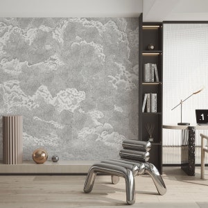 May include: A modern, minimalist living room with a silver metal chair, a bookshelf with books and decorative items, and a wall with a gray and white cloud pattern wallpaper.