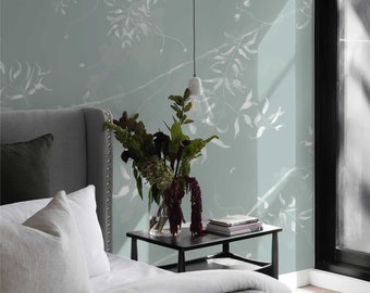 Botany wallpaper with leaves and twigs, soft botanical floral wall mural, little floral with leaves wallpaper, removable for rental