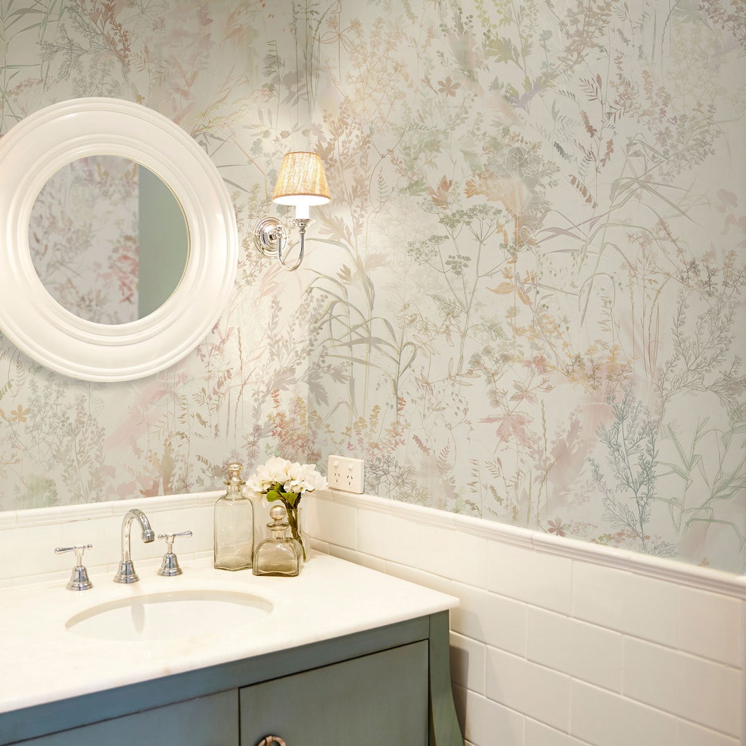 Botanical floral wallpaper in powder room