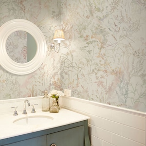 Botanical floral wallpaper for powder room, bathroom, peel and stick or traditional, temporary wallpaper, renter friendly wall decor