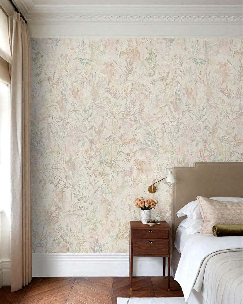Peel and Stick Floral Wallpaper, Botanical Bedroom Wallpaper, Neutral ...