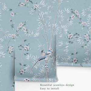 Mural de pared chinoiserie azul, papel tapiz de aves botánicas, elegante diseño floral para dormitorio o sala de estar, autoadhesivo o tradicional. imagen 14