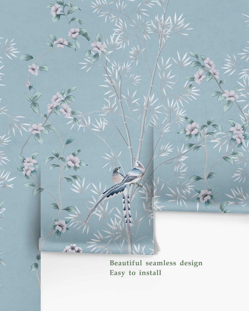 Mural de pared chinoiserie azul, papel tapiz de aves botánicas, elegante diseño floral para dormitorio o sala de estar, autoadhesivo o tradicional. imagen 14