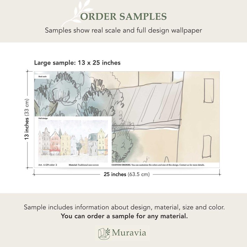 Pastel Cityscape Wall Mural – Scandinavian Wallpaper for Kids Room, Illustrated Town Map Mural for Nursery or Playroom, 6-129 color 2 Sample