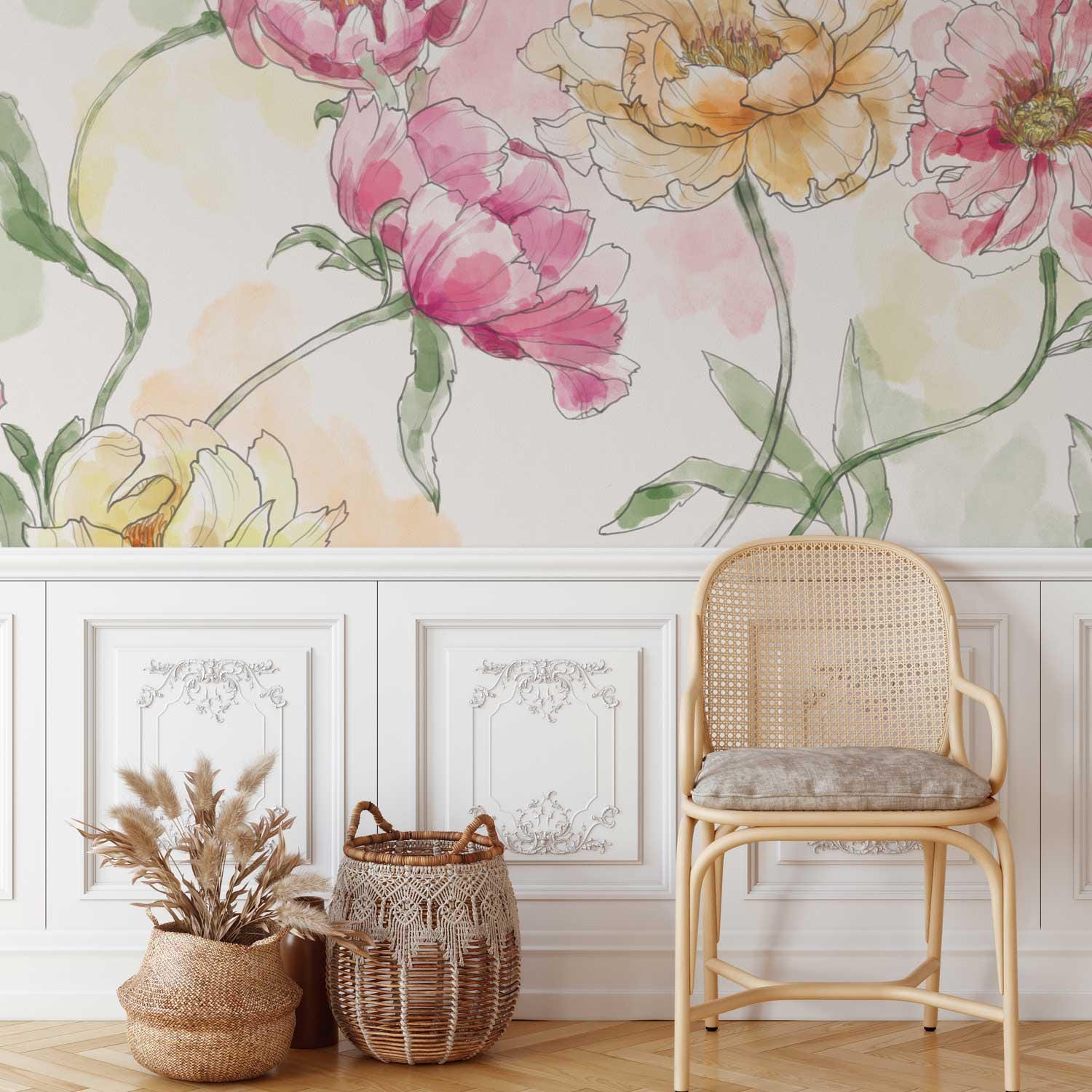 Floral Peonies Wallpaper Mural, Watercolor Floral, Traditional or ...