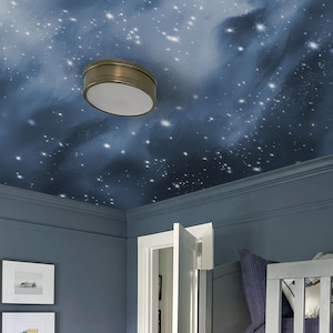 May include: A ceiling painted with a dark blue night sky featuring white stars and nebulous clouds, illuminated by a round, brass-finished flush mount light fixture with a white frosted glass diffuser centered on the starry surface.