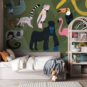 Carta da parati safari per bambini, murale con animali della giungla per bambini per cameretta, sala giochi e camera da letto. Rivestimento murale verde tropicale.