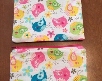Bolsas de maquillaje, bolsas de cosméticos, conjuntos de bolsas, rosa, amarillo, verde lima, flores, pájaros, cremallera, retro, vintage