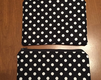 Bolsas de maquillaje, blanco y negro, sets, algodón, bolsas con cremallera, lunares, retro, vintage
