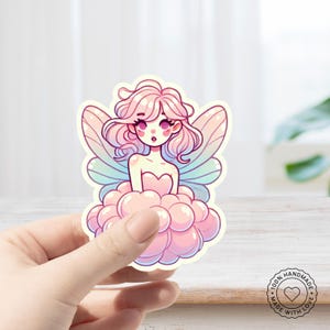 Adorable sticker fée rose barbe à papa pour ordinateurs portables et bouteilles d'eau - 100 % fait main