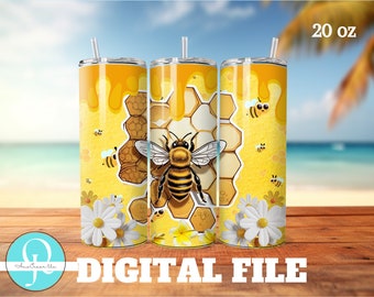 Honey bee, envoltura para vaso delgado de 20 oz/ sublimacion, descarga instantanea PNG FILE