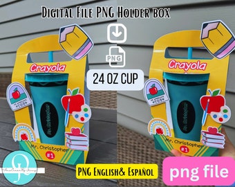 PNG Holder teachers day / 24 oz glass cold liquids / English & Spanish Crayons / Crayola / instant download / includes stickers decor