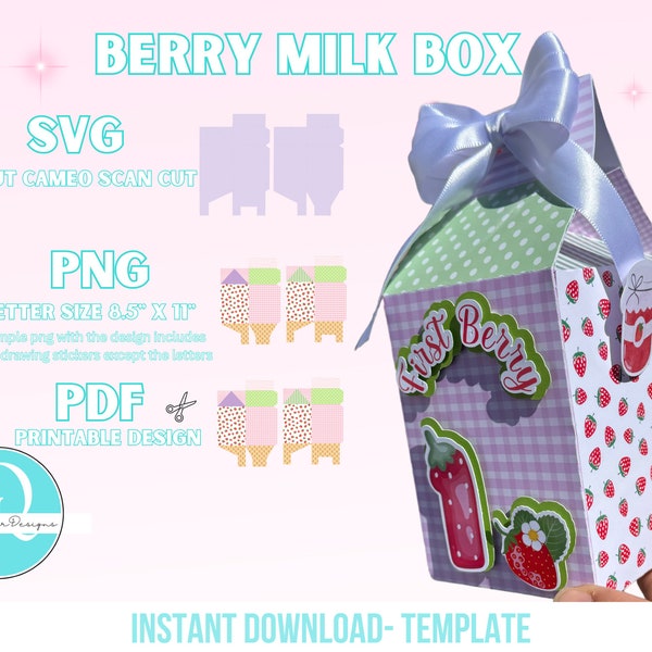 Berry Box milk, birthday box ready to cut, SVG PNG AND PDF / first birthday girl / strawberry party / digital file / insta download