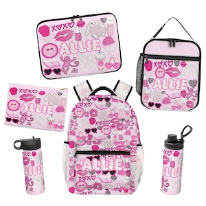 May include: A set of school supplies including a backpack, lunch bag, laptop sleeve, pencil case, and two water bottles. Each item features a light pink background with a repeating pattern of icons including the name ALLIE, hearts, and XOXO.