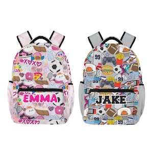 May include: Two backpacks with black zippers and side pockets. The left backpack features a pink-toned pattern with the name EMMA in pink text. The right backpack features a blue and grey sports-themed pattern with the name JAKE in black text.