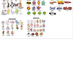 Pu&ograve; includere: Una collezione di piccole toppe ricamate colorate organizzate in categorie tra cui animali, supereroi, trasporti, fiabe e Jellycats. Ogni sezione presenta varie icone come creature dei cartoni animati, loghi, veicoli e personaggi.