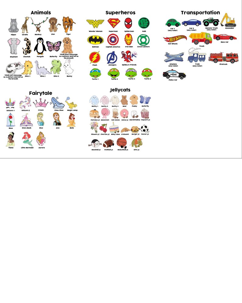 Pu&ograve; includere: Una collezione di piccole toppe ricamate colorate organizzate in categorie tra cui animali, supereroi, trasporti, fiabe e Jellycats. Ogni sezione presenta varie icone come creature dei cartoni animati, loghi, veicoli e personaggi.