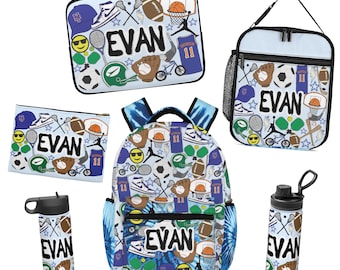Personalized Sports Back To School Collection | Custom Backpack, Lunch Box, Water Bottle, Laptop Sleeve, & Pencil Case | Sports Gift