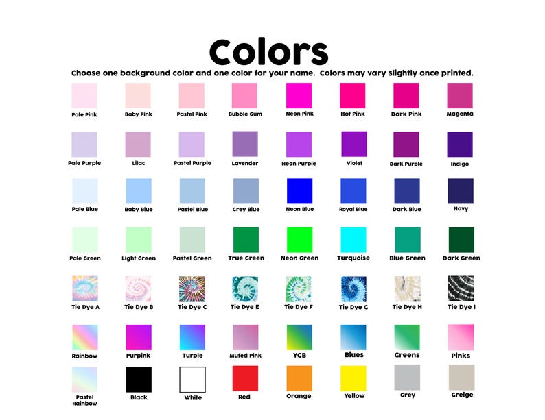 Pu&ograve; includere: Una tabella dei colori con una griglia di sessantaquattro quadrati che mostrano vari colori solidi, sfumature e motivi tie-dye. Il testo in alto recita Colors, seguito da Choose one background color and one color for your name.