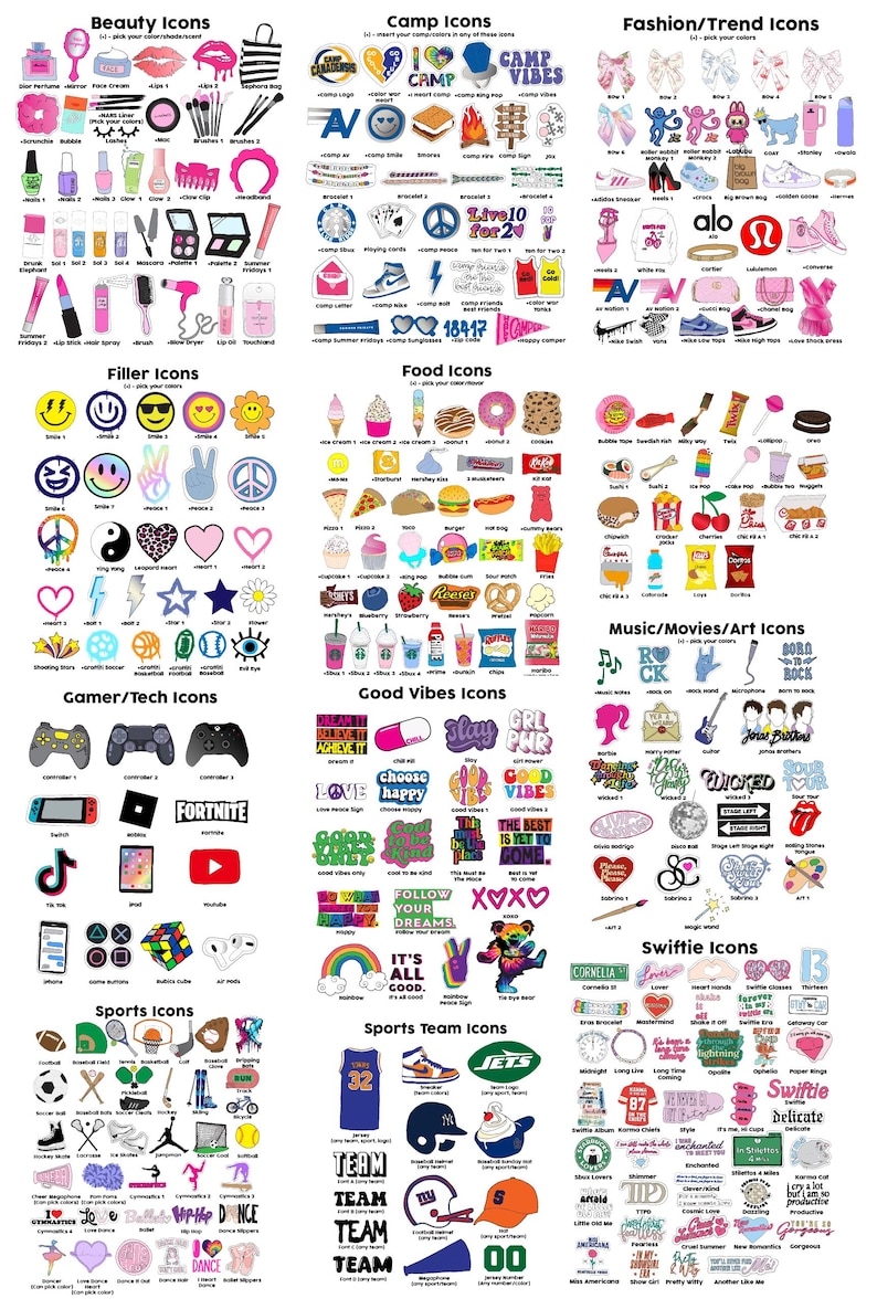 Pu&ograve; includere: Una collezione completa di piccoli adesivi grafici colorati organizzati in categorie tra cui bellezza, campeggio, moda, cibo, riempitivi, musica, film, arte, gamer, tecnologia, buone vibrazioni, sport, squadre sportive e design a tema Swiftie.