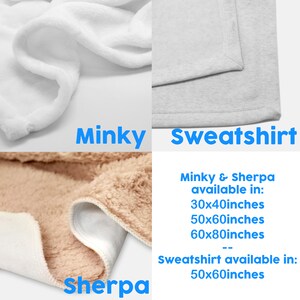 K&ouml;nnte beinhalten: Nahaufnahme von drei verschiedenen Stoffarten: ein wei&szlig;er Minky-Stoff, ein beiger Sherpa-Stoff und ein grauer Sweatshirt-Stoff. Der Text "Minky & Sherpa available in: 30x40inches 50x60inches 60x80inches -- Sweatshirt available in: 50x60inches" ist unter den Stoffen gedruckt.