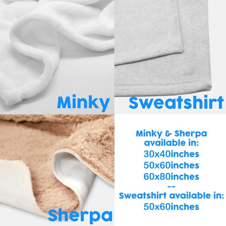 K&ouml;nnte beinhalten: Nahaufnahme von drei verschiedenen Stoffarten: ein wei&szlig;er Minky-Stoff, ein beiger Sherpa-Stoff und ein grauer Sweatshirt-Stoff. Der Text "Minky & Sherpa available in: 30x40inches 50x60inches 60x80inches -- Sweatshirt available in: 50x60inches" ist unter den Stoffen gedruckt.