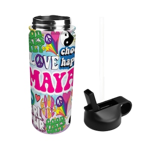 Peace & Love 18oz Insulated Water Bottle With Straw | Retro | Custom | Personalized | BPA Free | Back To School | Personalized Tumbler