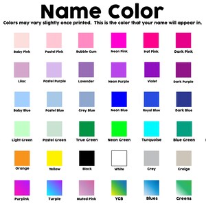 K&ouml;nnte beinhalten: Eine Tabelle mit 36 verschiedenen Farbmustern und ihren Namen. Die Farben sind in Kategorien geordnet: Rosa, Lila, Blau, Gr&uuml;n, Rot, Orange, Gelb, Schwarz, Wei&szlig;, Grau, Braun, Regenbogen und mehr.