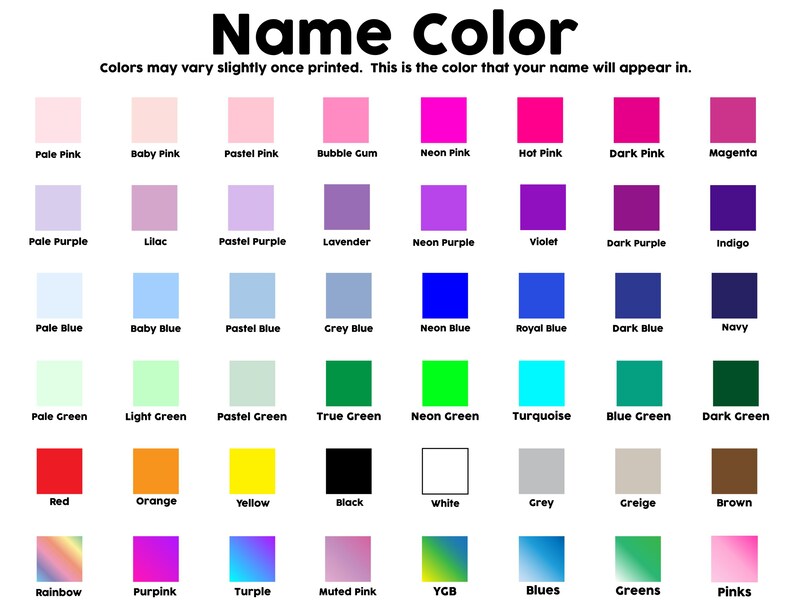 K&ouml;nnte beinhalten: Eine Tabelle mit 36 verschiedenen Farbmustern und ihren Namen. Die Farben sind in Kategorien geordnet: Rosa, Lila, Blau, Gr&uuml;n, Rot, Orange, Gelb, Schwarz, Wei&szlig;, Grau, Braun, Regenbogen und mehr.