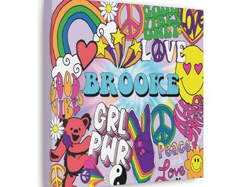 Peace & Love Canvas Wall Art / Groovy Vibes / Arte personalizzata / Decorazione murale personalizzata / Decorazione per la stanza delle ragazze / Arte murale per ragazze