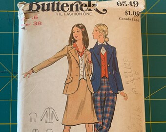 Vintage Mid- 1970's Butterick Sewing Pattern 6549 Blazer, Vest, Skirt, Pant