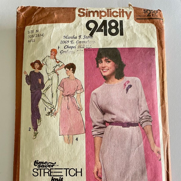Vintage 1980's Simplicity Sewing Pattern #9481 Knit Sweatshirt Dress, Shirt, Pants from 1980
