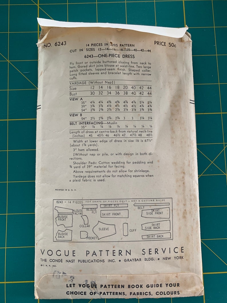 Vintage 1940's Rare Vogue Sewing Pattern 6243 Dress - Etsy