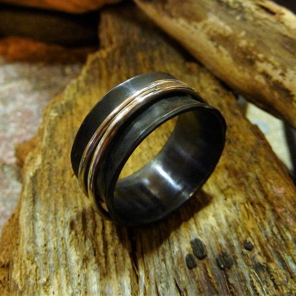 Hammered Oxided brass Spinner Ring with two silver .925 bands. Handcrafted-Custom Size