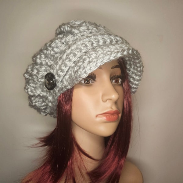 Casquette fait main au crochet, pour femme ou homme, couleur gris clair