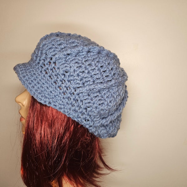 Casquette fait main au crochet, bonnet bleu pour femme ou homme