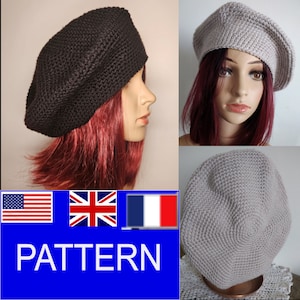 Peut inclure: Un modèle de crochet pour un béret. Le modèle est disponible en anglais, français et anglais américain. L'image montre un béret noir et un béret gris clair.