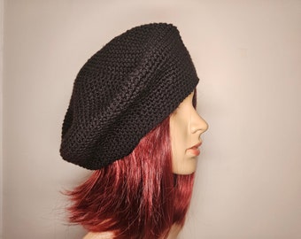 béret fait main au crochet, bonnet noir pour femme, bonnet chic