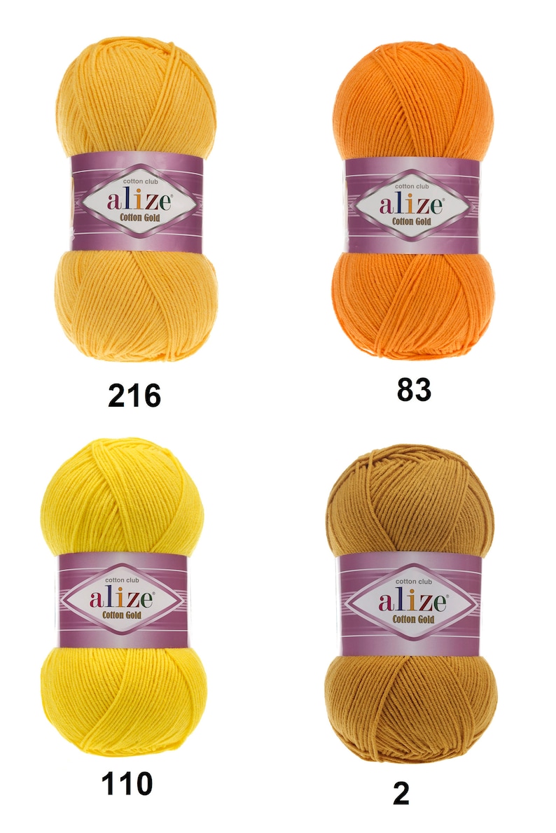 May include: Four skeins of Alize Cotton Gold yarn in various colors: yellow (216), orange (83), light yellow (110), and brown (2). Each skein has a label with the brand name and product details.