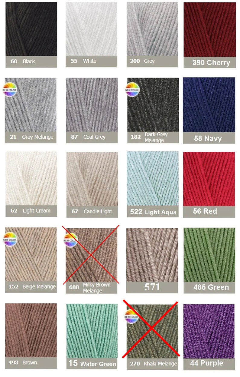 May include: A color chart of various yarn skeins, showcasing a range of hues. Colors include black, white, grey, and cherry red. Other colors are navy, light aqua, red, green, and purple. Each skein is labeled with a number and color name.