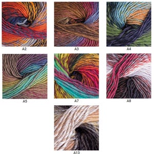 May include: Seven skeins of multi-coloured yarn are displayed. The yarn colours include shades of orange, red, brown, green, blue, and purple. Each skein is labelled with a letter and number combination, such as A2, A3, A4, A5, A7, A8, and A13.