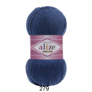 May include: A ball of navy blue yarn with a label that reads "alize Cotton Gold". The number "279" is printed at the bottom. This yarn is suitable for various knitting and crochet projects.