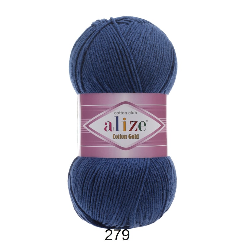 May include: A ball of navy blue yarn with a label that reads "alize Cotton Gold". The number "279" is printed at the bottom. This yarn is suitable for various knitting and crochet projects.