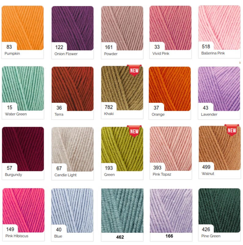 May include: A grid of yarn skeins in various colors, including orange, purple, pink, green, and blue. Each skein is labeled with a color name and number. Some skeins have a "NEW" sticker. Ideal for knitting and crochet projects.