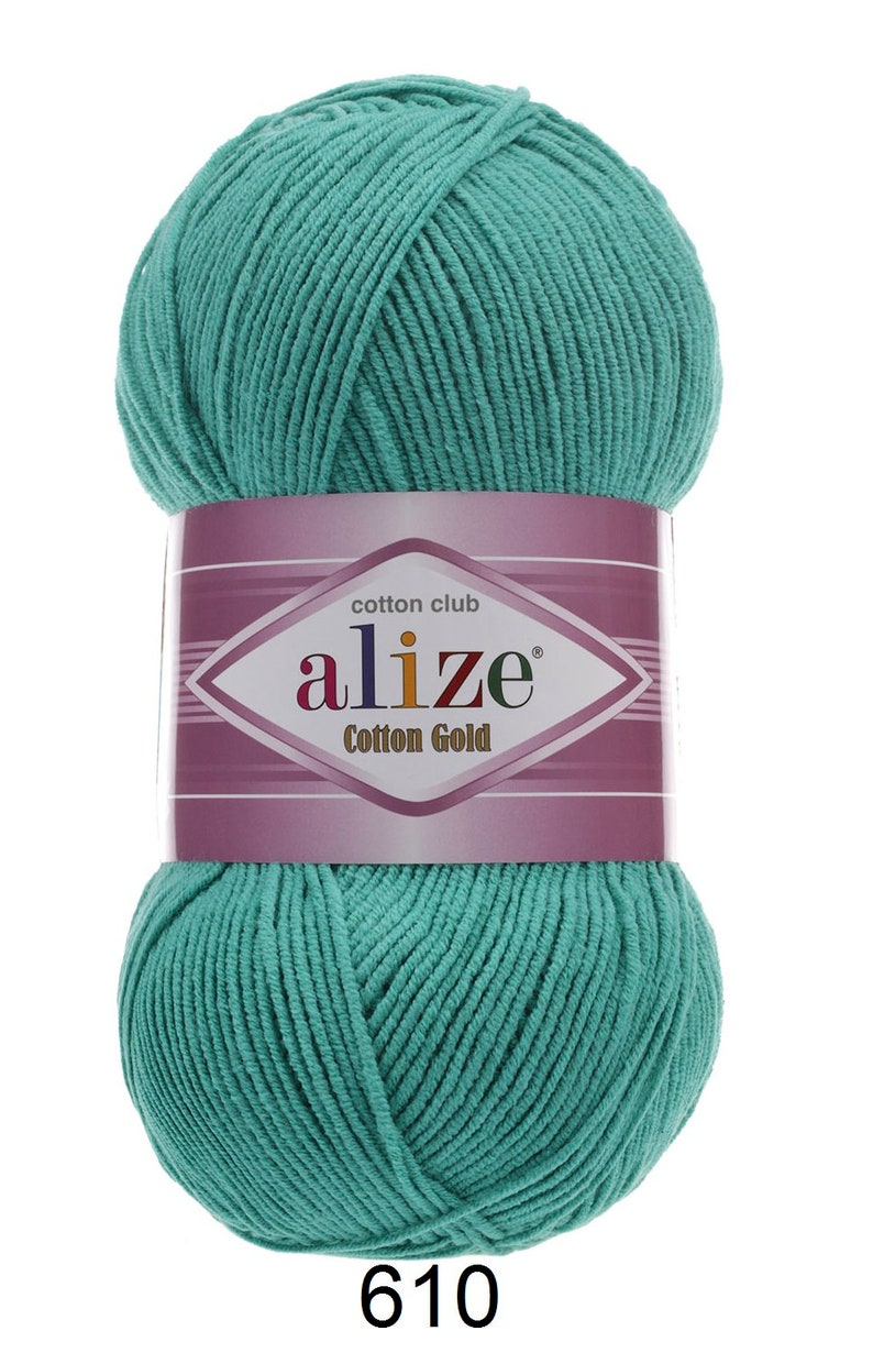 May include: A ball of teal-colored Alize Cotton Gold yarn. The label features the brand name and product details. The number "610" is printed at the bottom. Ideal for knitting and crochet projects.