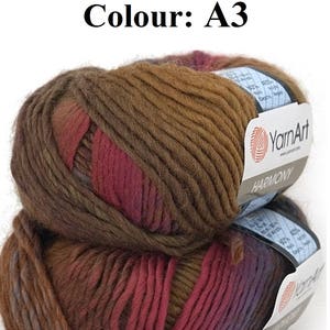 May include: Two balls of YarnArt Harmony yarn, colour A3. The yarn is a blend of brown, burgundy, and purple shades. The label on the yarn reads "Harmony" and includes the YarnArt logo. The text "Colour: A3" is at the top.