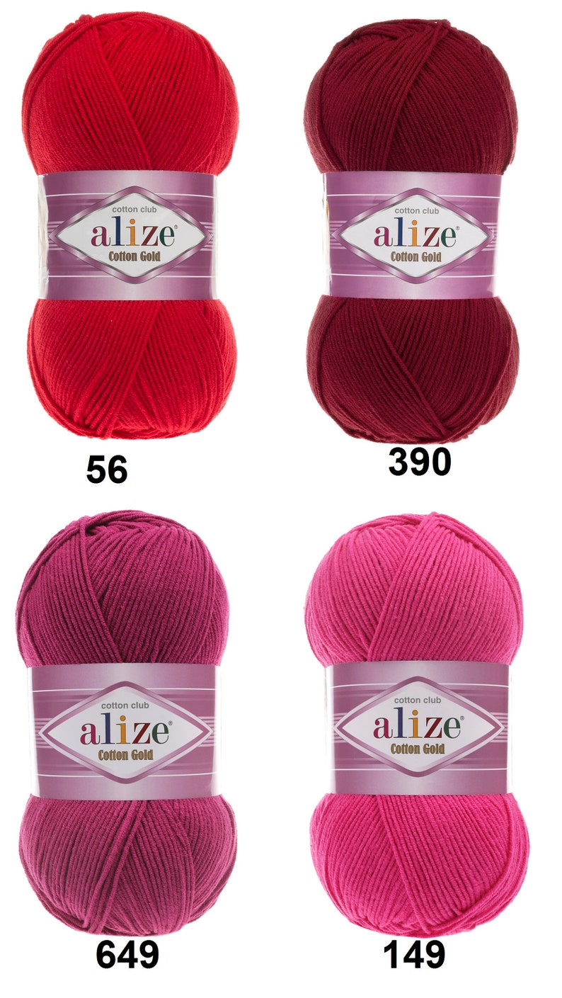 May include: Four skeins of Alize Cotton Gold yarn in shades of red, burgundy, and pink. Each skein is labeled with a color number: 56, 390, 649, and 149. The yarn is wrapped with a label that reads "cotton club alize Cotton Gold."
