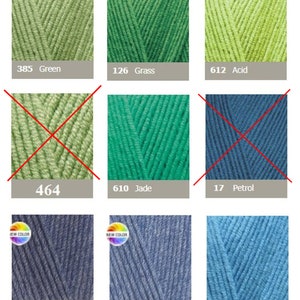 May include: A color chart of yarn skeins in various shades. Colors include yellow, green, and blue hues. Each color is labeled with a number and a name, such as "110 Yellow" and "236 Electric Blue".