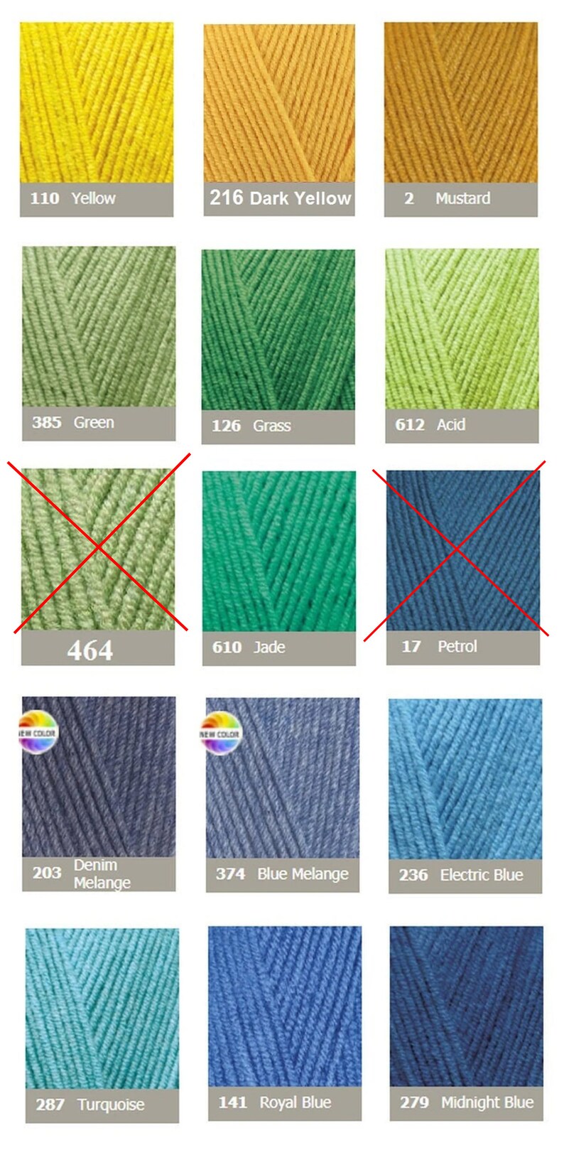 May include: A color chart of yarn skeins in various shades. Colors include yellow, green, and blue hues. Each color is labeled with a number and a name, such as "110 Yellow" and "236 Electric Blue".